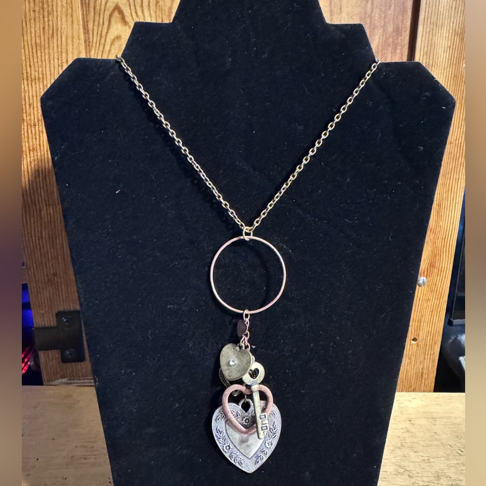 Long multi Tone Heart charm key pendants Necklace